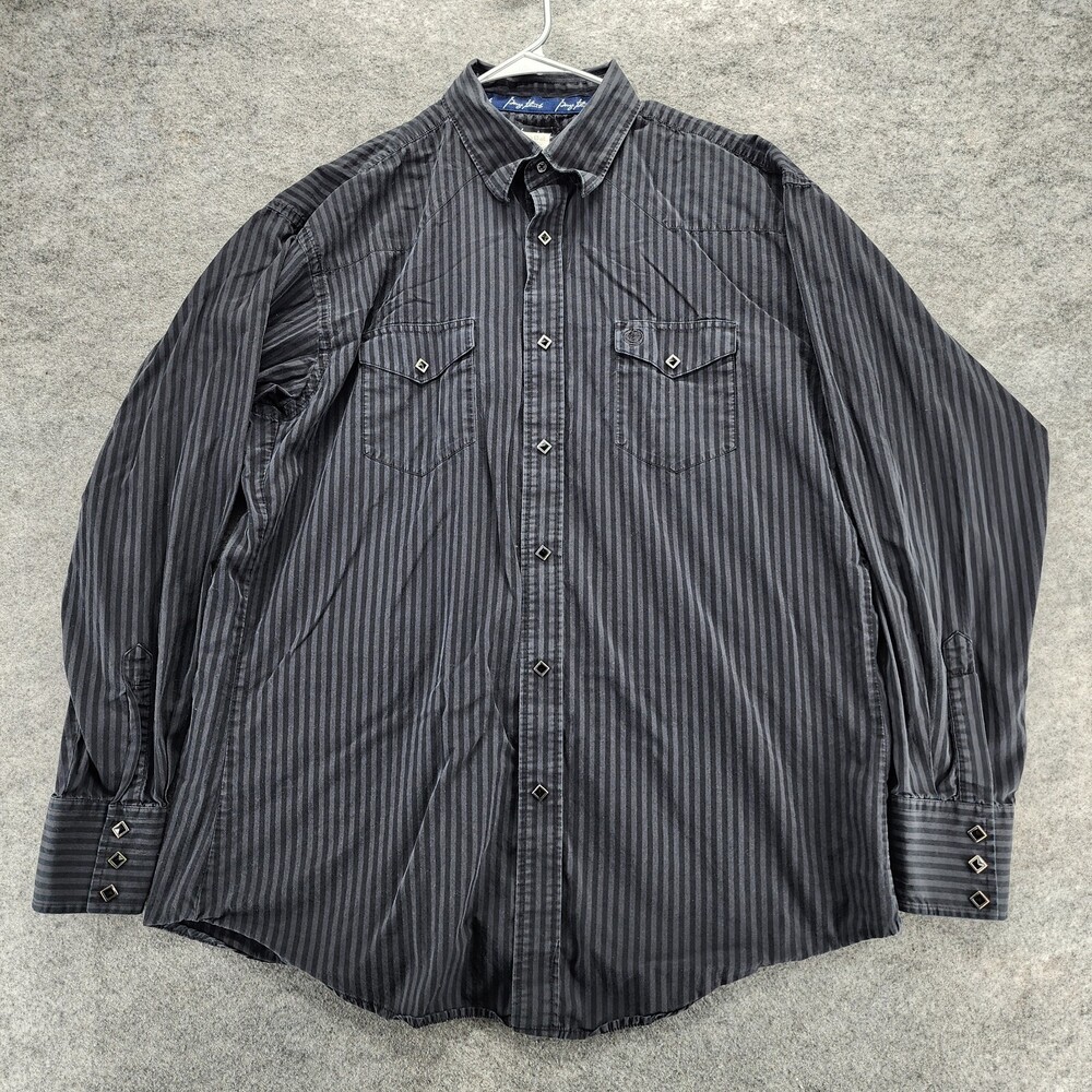 Wrangler George Straight Troubadour Shirt Mens XL Pearl Snap Black Gray Striped